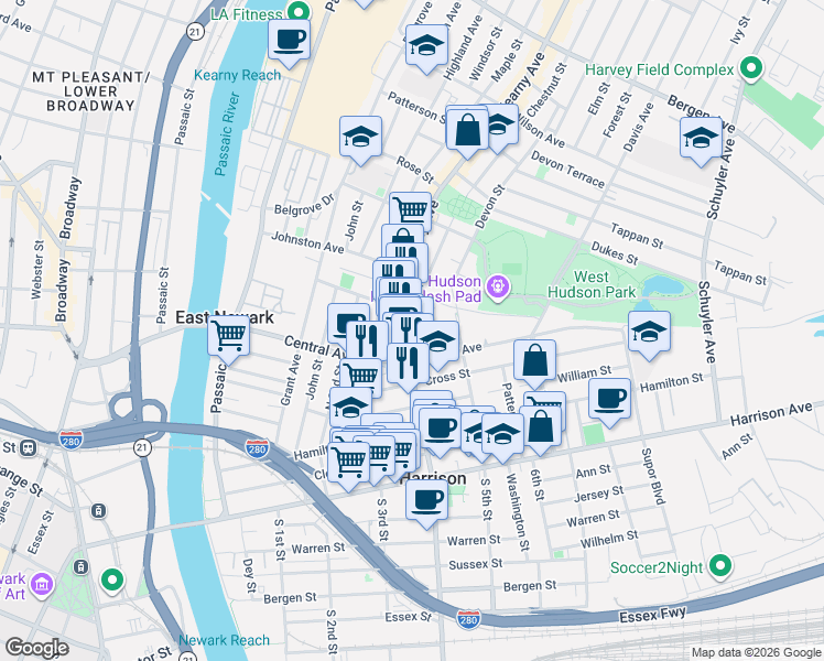 map of restaurants, bars, coffee shops, grocery stores, and more near 511 Frank E Rodgers Boulevard North in Harrison