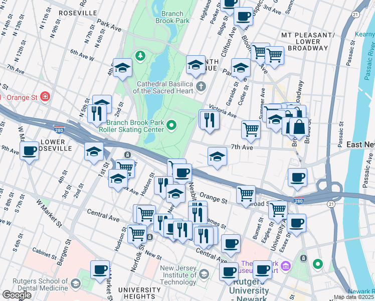 map of restaurants, bars, coffee shops, grocery stores, and more near 25 Clifton Avenue in Newark