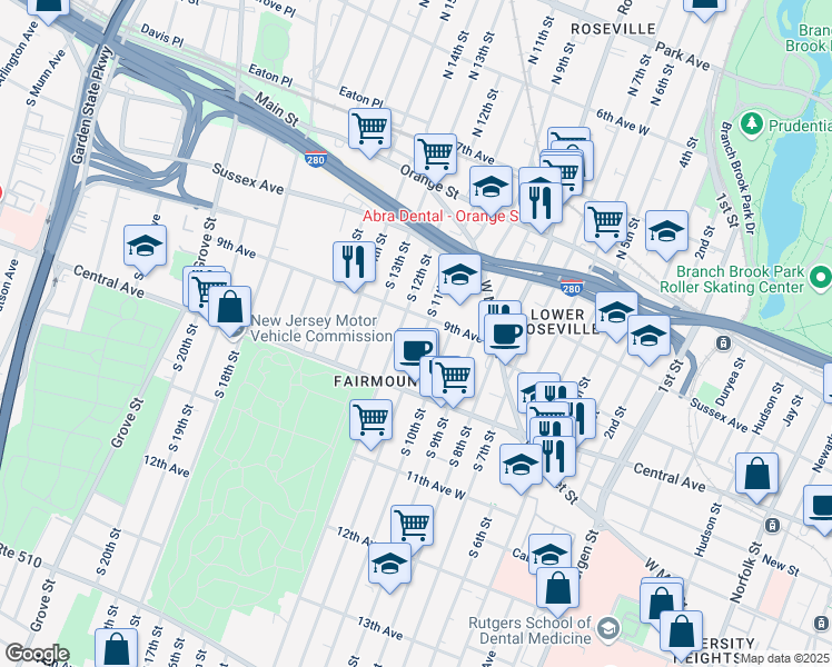 map of restaurants, bars, coffee shops, grocery stores, and more near 114 South 12th Street in Newark