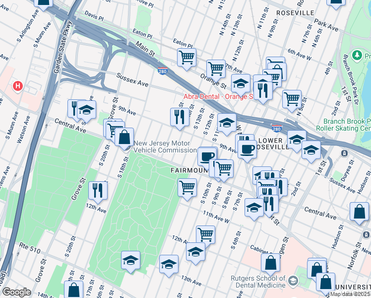 map of restaurants, bars, coffee shops, grocery stores, and more near 135 South 13th Street in Newark