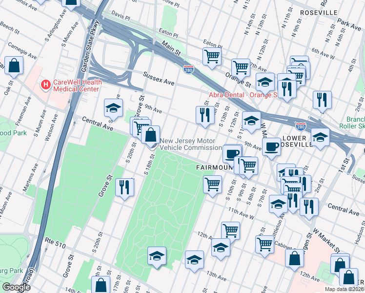 map of restaurants, bars, coffee shops, grocery stores, and more near 613-619 Central Avenue in Newark