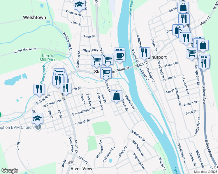 map of restaurants, bars, coffee shops, grocery stores, and more near 112 South Walnut Street in Slatington