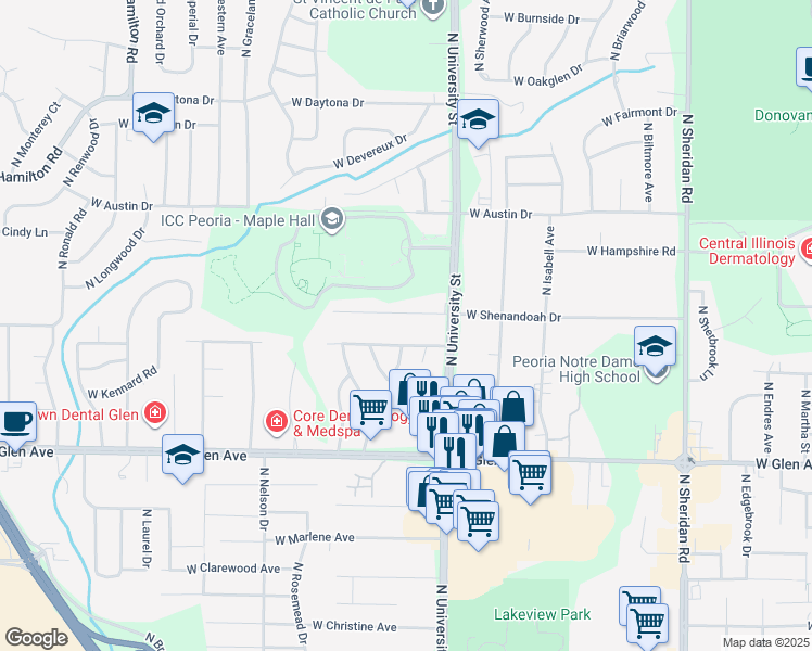 map of restaurants, bars, coffee shops, grocery stores, and more near 1413 West Sunnyview Drive in Peoria
