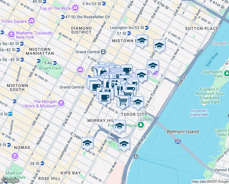 map of restaurants, bars, coffee shops, grocery stores, and more near 675 3rd Avenue in New York
