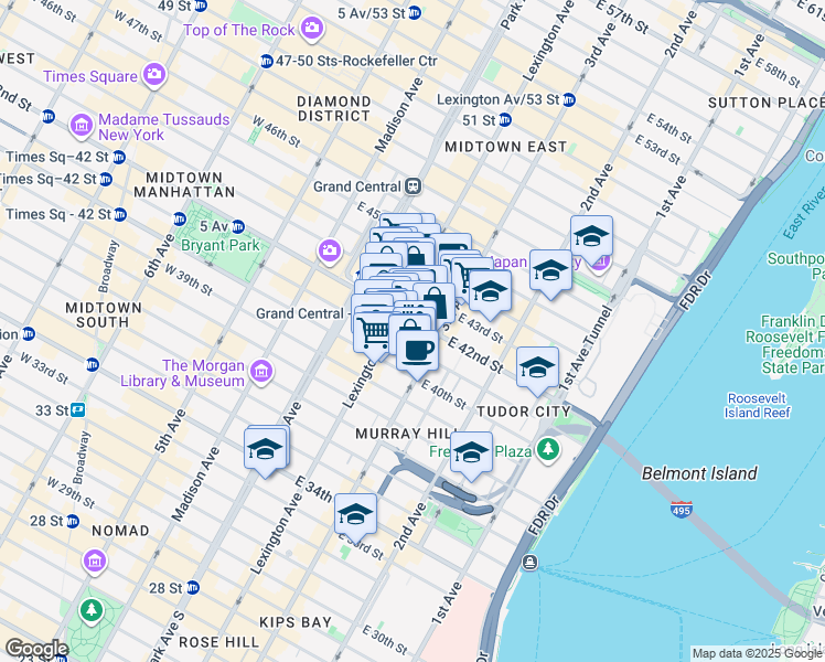 map of restaurants, bars, coffee shops, grocery stores, and more near 150 East 42nd Street in New York