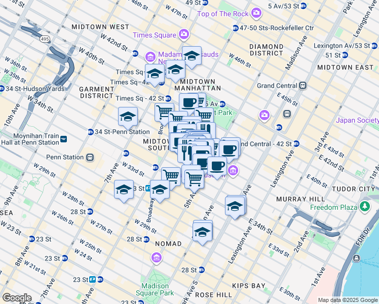 map of restaurants, bars, coffee shops, grocery stores, and more near 18 West 37th Street in New York