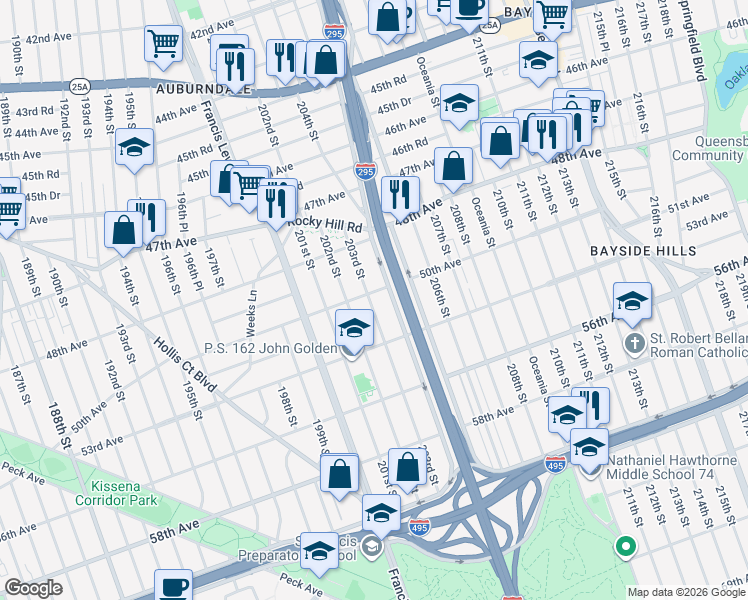 map of restaurants, bars, coffee shops, grocery stores, and more near 50-17 203rd Street in Queens