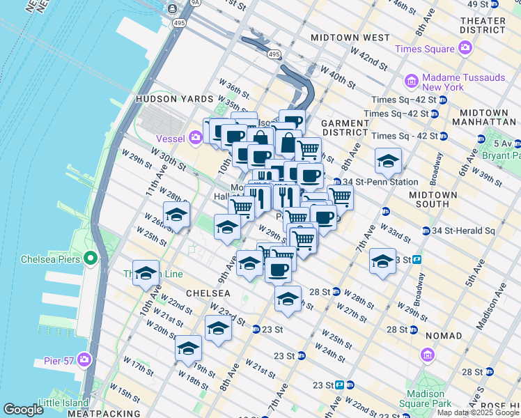 map of restaurants, bars, coffee shops, grocery stores, and more near W 30th St & 9th Ave in New York