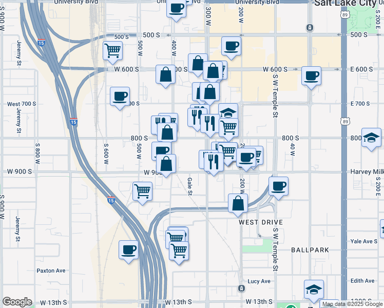map of restaurants, bars, coffee shops, grocery stores, and more near 850 South 300 West in Salt Lake City