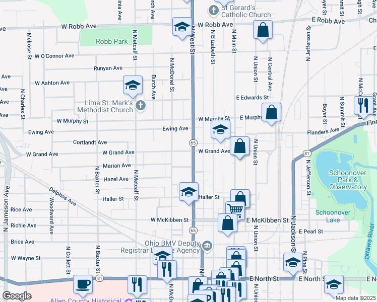 map of restaurants, bars, coffee shops, grocery stores, and more near 323 West Grand Avenue in Lima