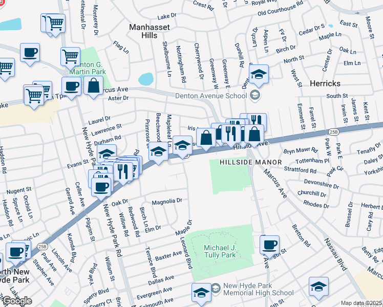 map of restaurants, bars, coffee shops, grocery stores, and more near 1952-2018 Hillside Avenue in North New Hyde Park