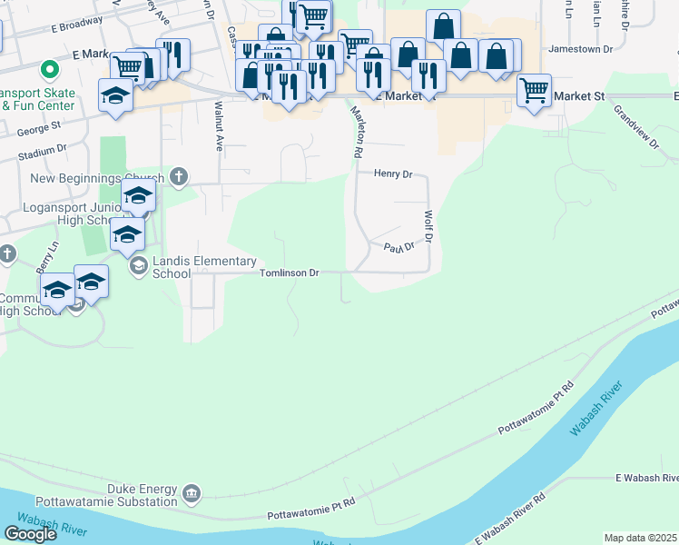 map of restaurants, bars, coffee shops, grocery stores, and more near 1 Landis Lane in Logansport