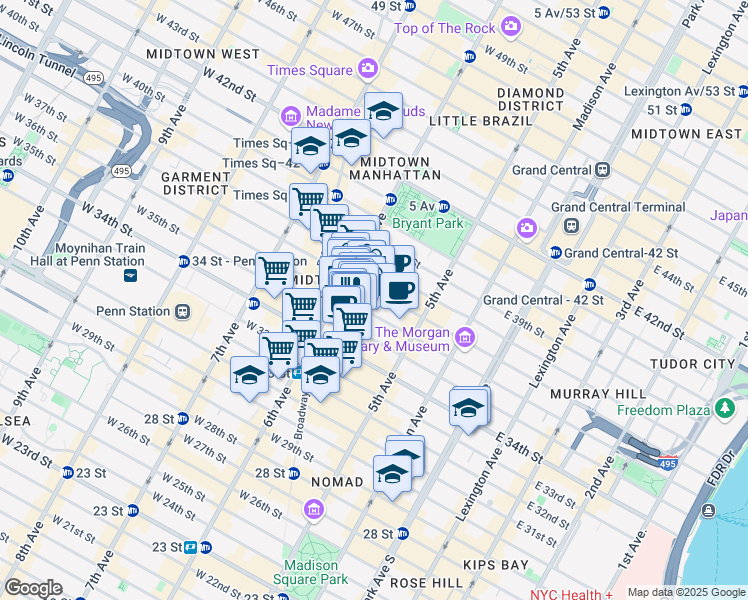map of restaurants, bars, coffee shops, grocery stores, and more near 60 West 36th Street in New York