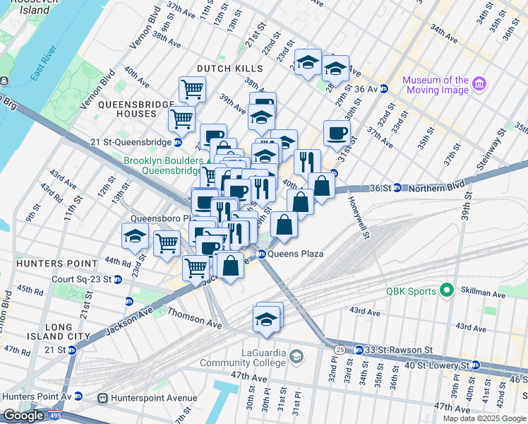 map of restaurants, bars, coffee shops, grocery stores, and more near 29-37 41st Avenue in Queens