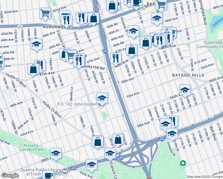 map of restaurants, bars, coffee shops, grocery stores, and more near 50-08 Clearview Expressway in Queens