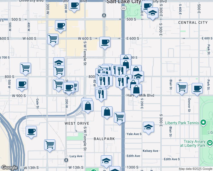 map of restaurants, bars, coffee shops, grocery stores, and more near 857 South Main Street in Salt Lake City