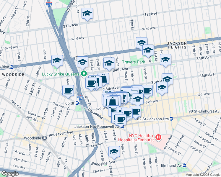 map of restaurants, bars, coffee shops, grocery stores, and more near 73-8 35th Avenue in Queens