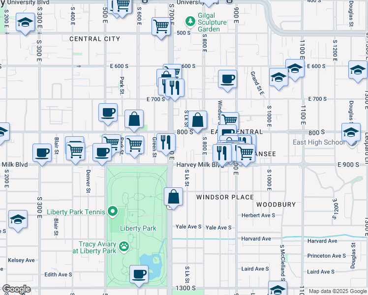 map of restaurants, bars, coffee shops, grocery stores, and more near 843 South Lake Street in Salt Lake City