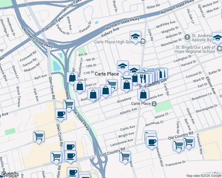 map of restaurants, bars, coffee shops, grocery stores, and more near 343 Roslyn Avenue in Carle Place