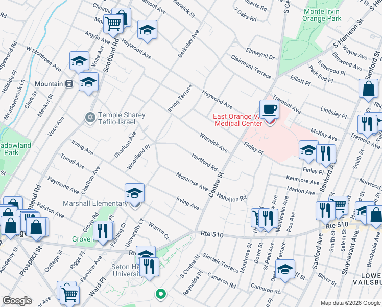 map of restaurants, bars, coffee shops, grocery stores, and more near 350 Hartford Road in South Orange