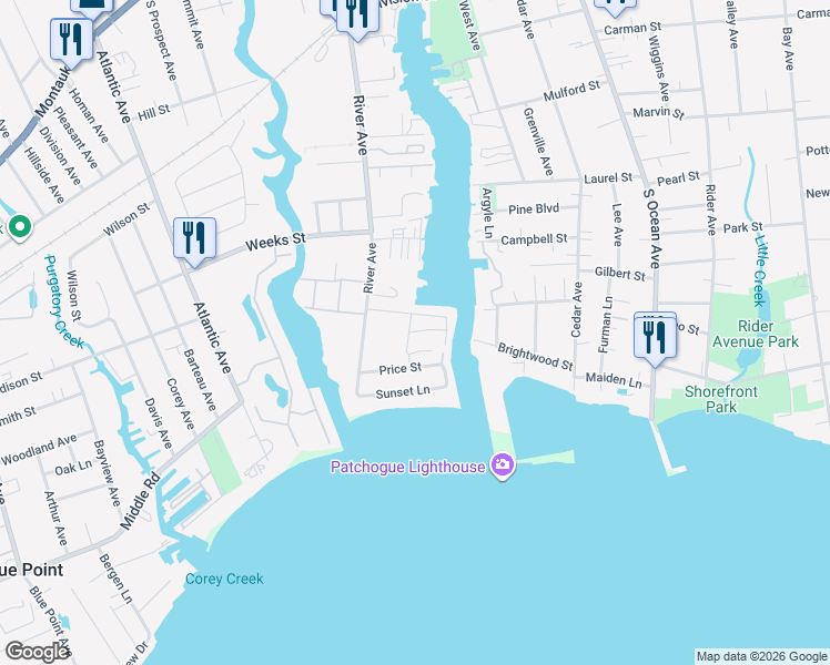 map of restaurants, bars, coffee shops, grocery stores, and more near 48 Midship Lane in Patchogue