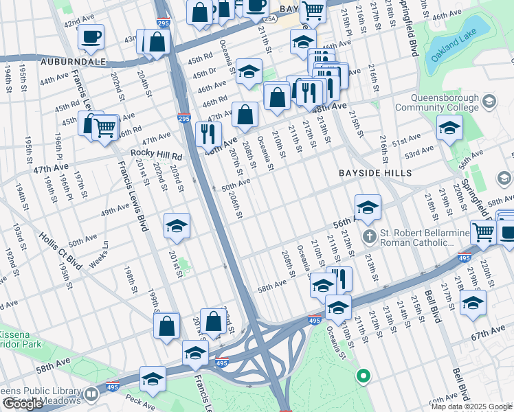 map of restaurants, bars, coffee shops, grocery stores, and more near 53-04 208th Street in Queens
