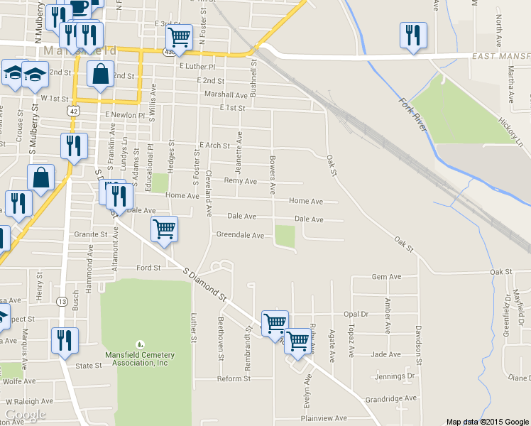 map of restaurants, bars, coffee shops, grocery stores, and more near 329 Dale Avenue in Mansfield