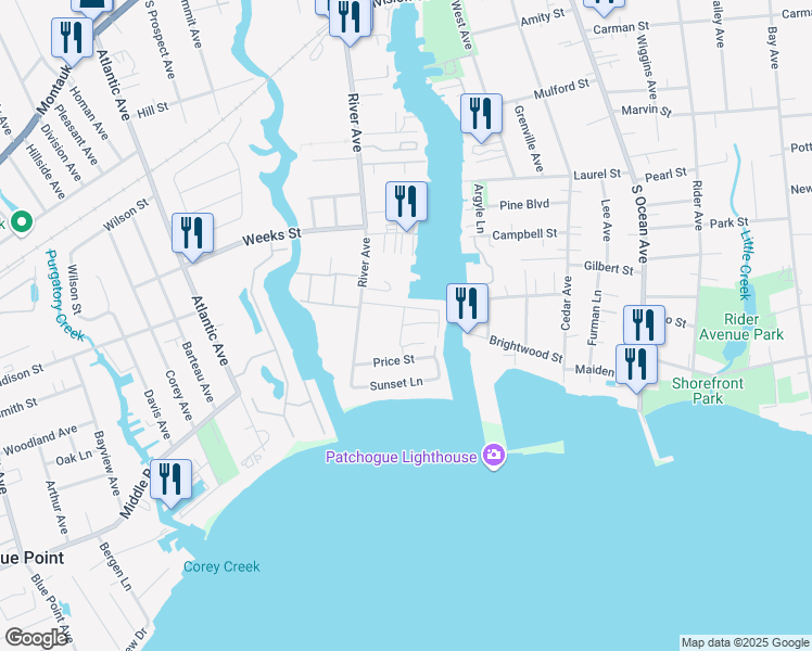 map of restaurants, bars, coffee shops, grocery stores, and more near 56 Midship Lane in Patchogue