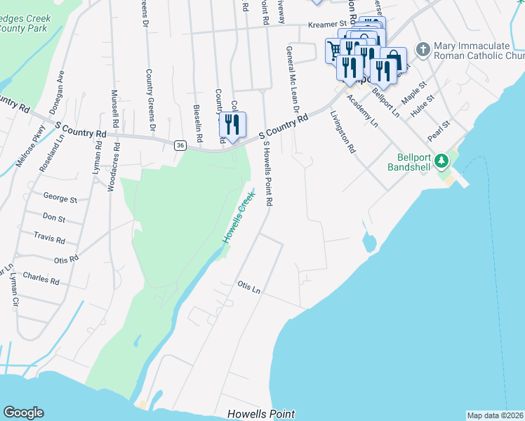 map of restaurants, bars, coffee shops, grocery stores, and more near 24 South Howells Point Road in Bellport