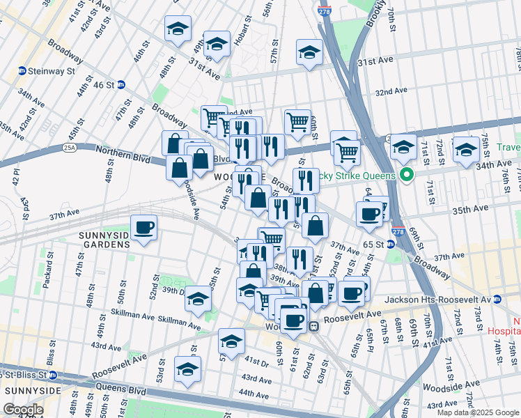 map of restaurants, bars, coffee shops, grocery stores, and more near 34-63 37th Avenue in Queens
