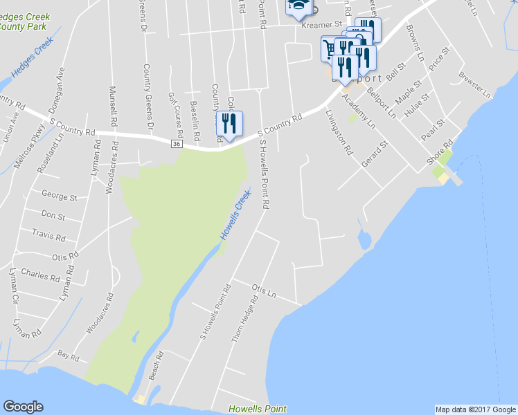 map of restaurants, bars, coffee shops, grocery stores, and more near 24 South Howells Point Road in Bellport