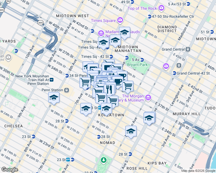 map of restaurants, bars, coffee shops, grocery stores, and more near 1350 Broadway in New York