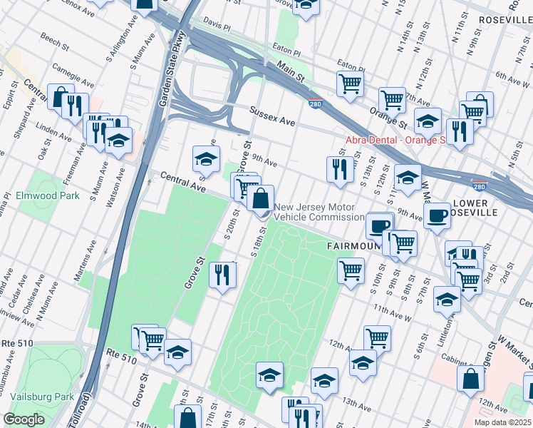 map of restaurants, bars, coffee shops, grocery stores, and more near 183 South 18th Street in East Orange