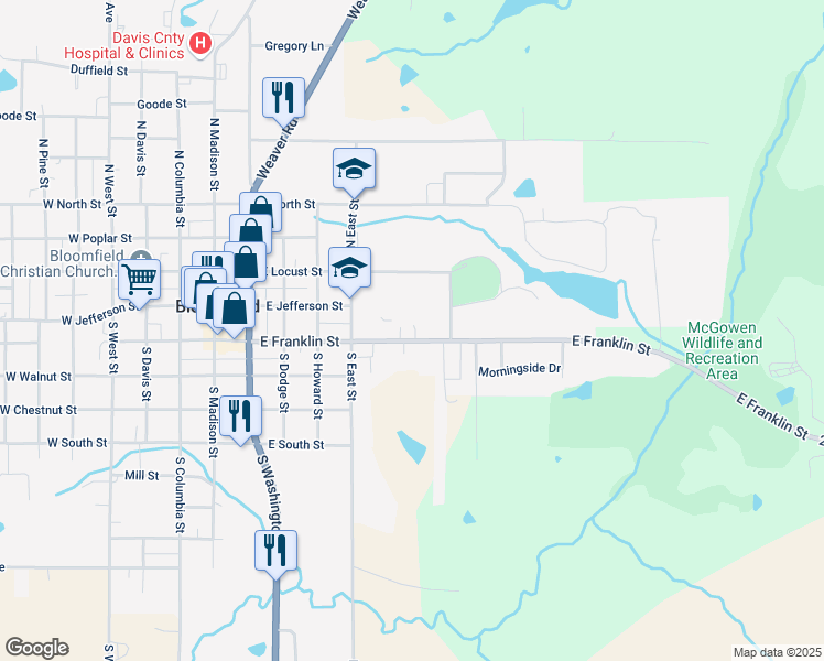 map of restaurants, bars, coffee shops, grocery stores, and more near 698-868 East Franklin Street in Bloomfield
