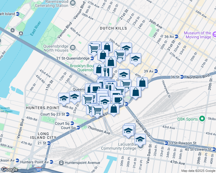 map of restaurants, bars, coffee shops, grocery stores, and more near 2509 Queens Plaza North in Queens