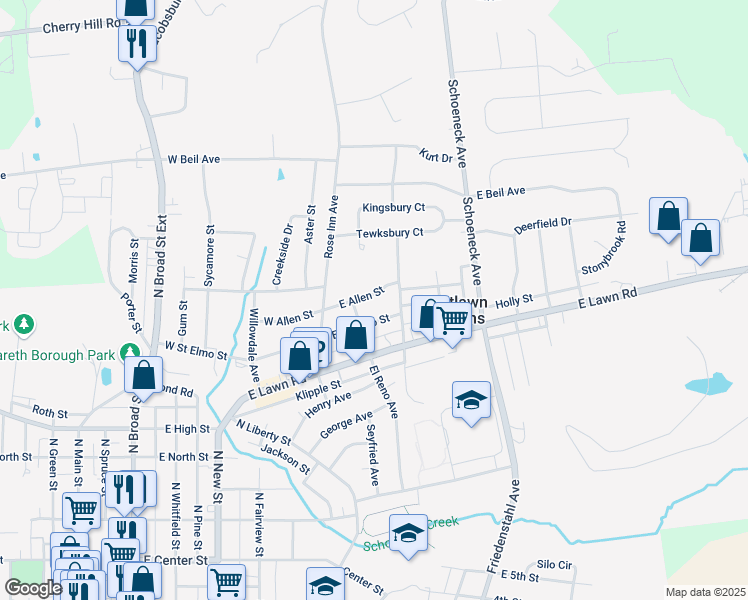map of restaurants, bars, coffee shops, grocery stores, and more near 46 East Allen Street in Nazareth