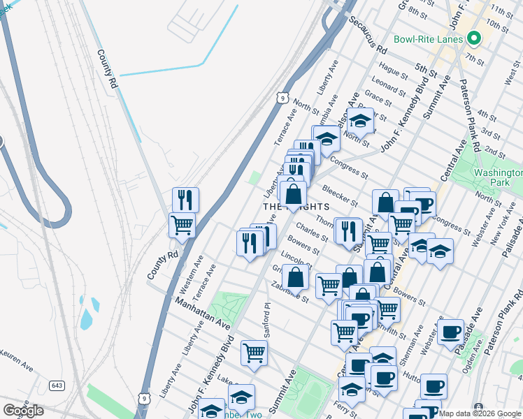 map of restaurants, bars, coffee shops, grocery stores, and more near 403 County Road 647 in Jersey City