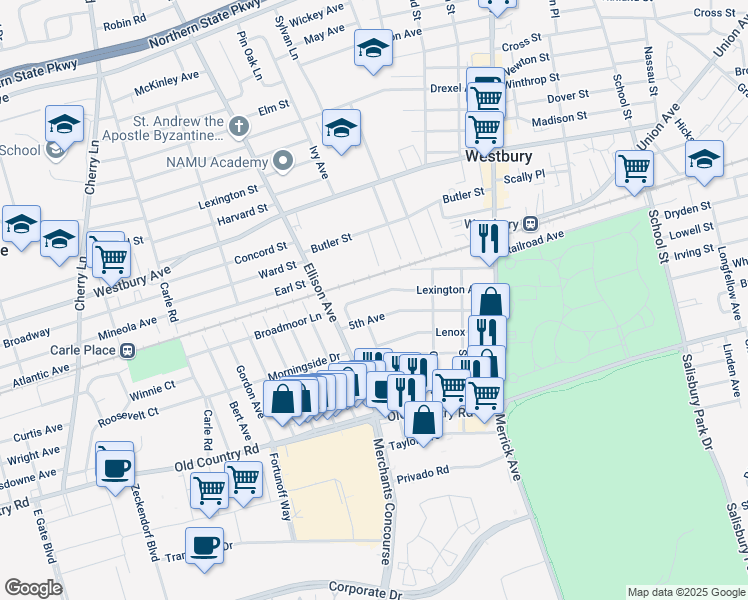 map of restaurants, bars, coffee shops, grocery stores, and more near 22 Lexington Avenue in Westbury