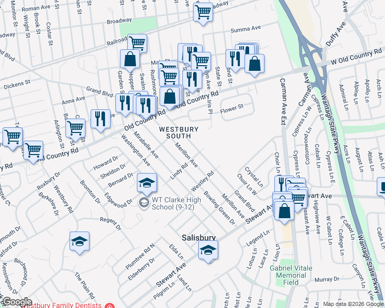 map of restaurants, bars, coffee shops, grocery stores, and more near 961 Grand Boulevard in Westbury