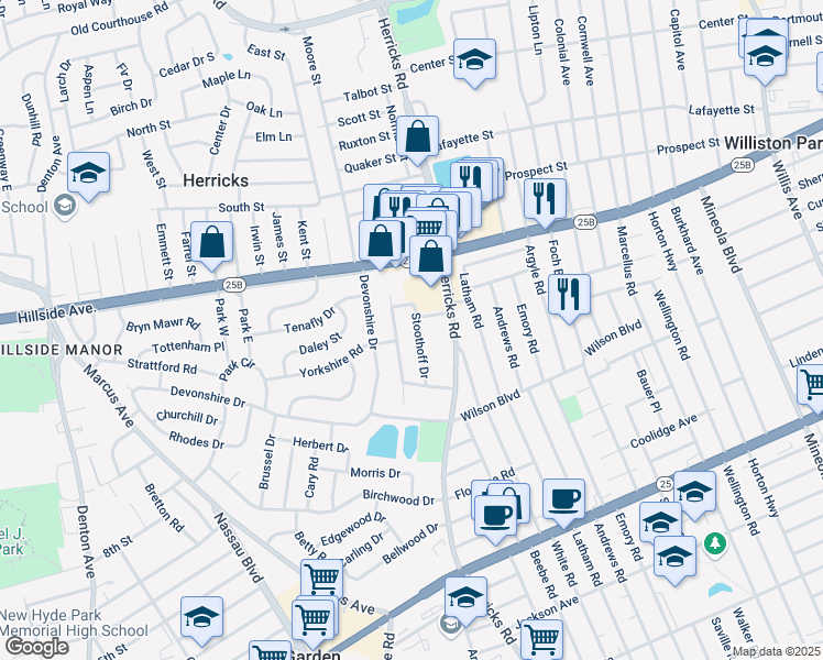 map of restaurants, bars, coffee shops, grocery stores, and more near 27 Stoothoff Drive in New Hyde Park