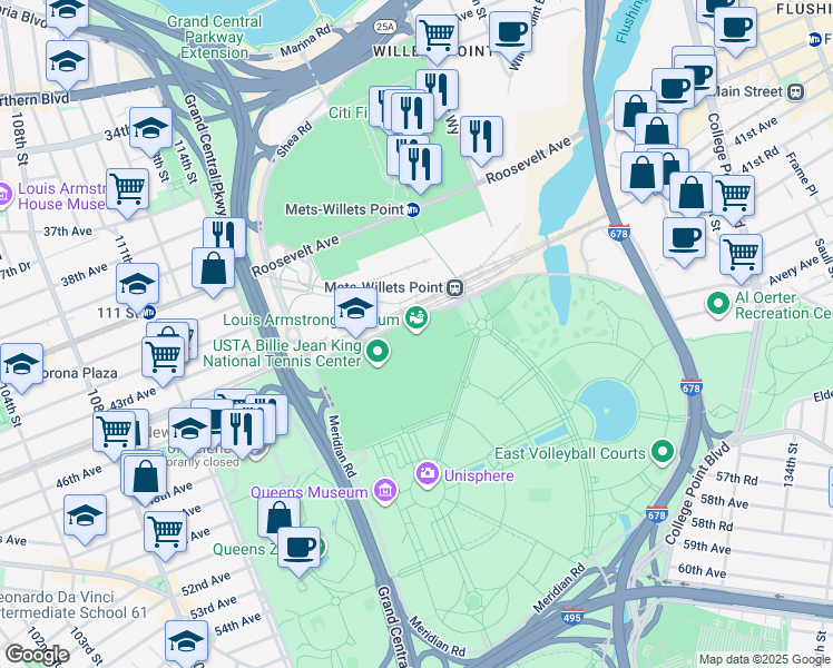 map of restaurants, bars, coffee shops, grocery stores, and more near 124 Roosevelt Avenue in Queens