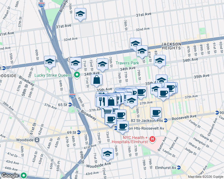 map of restaurants, bars, coffee shops, grocery stores, and more near 74-10 35th Avenue in Queens