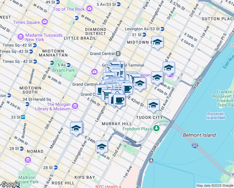 map of restaurants, bars, coffee shops, grocery stores, and more near 150 East 42nd Street in New York