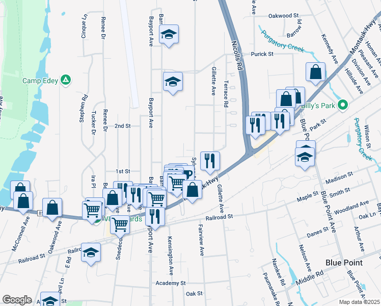 map of restaurants, bars, coffee shops, grocery stores, and more near 465 Sylvan Avenue in Bayport