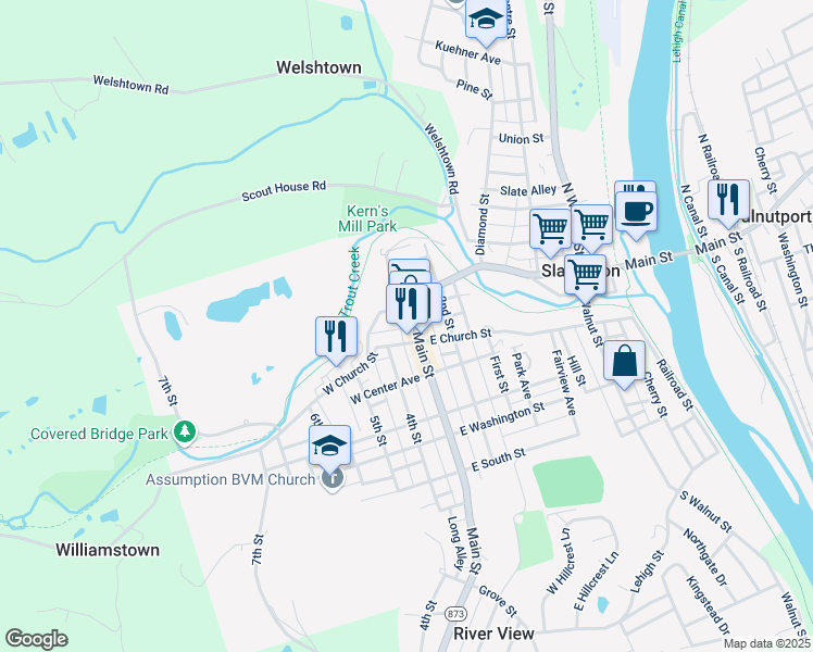map of restaurants, bars, coffee shops, grocery stores, and more near 634 Main Street in Slatington
