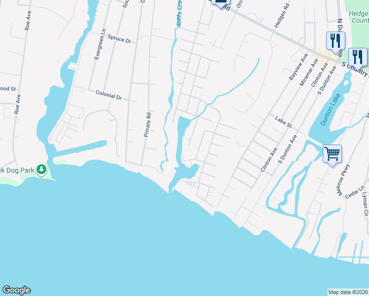 map of restaurants, bars, coffee shops, grocery stores, and more near 38 Wall Street in Patchogue