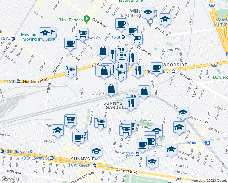 map of restaurants, bars, coffee shops, grocery stores, and more near 37-02 48th Street in Queens