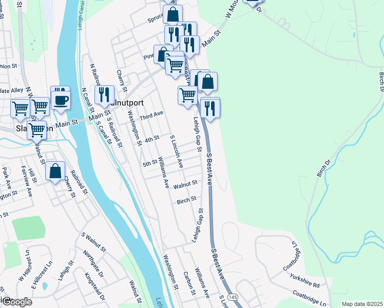 map of restaurants, bars, coffee shops, grocery stores, and more near 526 Lehigh Gap Street in Walnutport