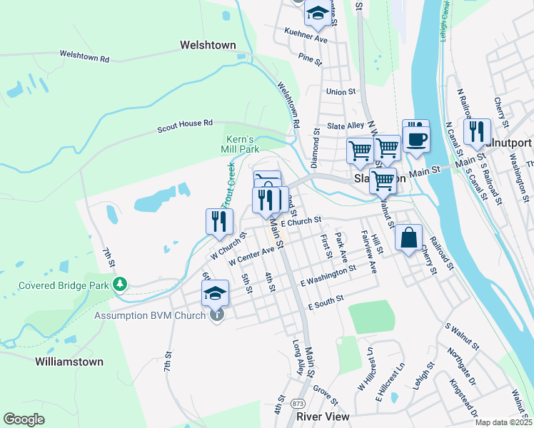 map of restaurants, bars, coffee shops, grocery stores, and more near 634 Main Street in Slatington