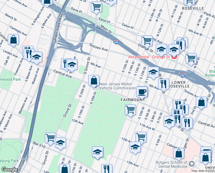 map of restaurants, bars, coffee shops, grocery stores, and more near 625 Central Avenue in Newark